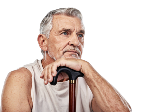 Mature Senior Man Leaning on Cane — Aging and Strength Concept.