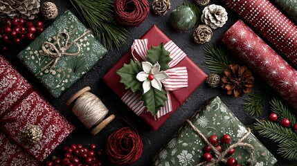 Flat lay of Christmas gift wrapping items