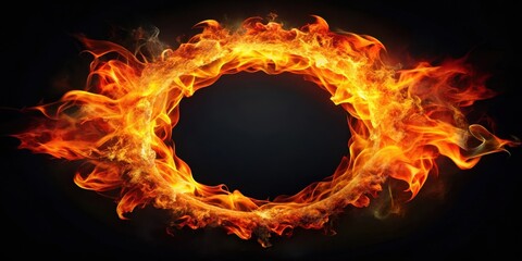 Flames engulf a circular shape on a dark black background with vibrant orange red and yellow hues , color, black,  color, black