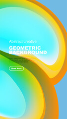 Vibrant abstract shapes overlap black space. Text promotes creative geometric background design, includes call to action.