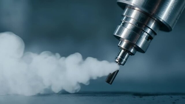 Close-up of a CNC milling spindle with a cutting bit, releasing coolant mist around a tiny metal piece.