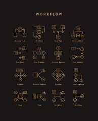 Set of 16 icons related to workflow, processing, operation. Outline icon collection. Editable stroke. Gold Color Vector illustration