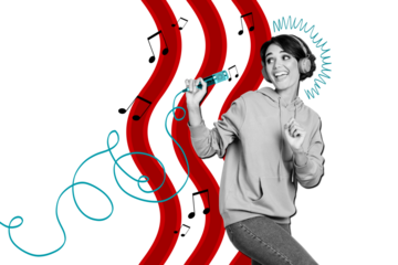 Composite collage image of funny girl dancing have fun headphones sing karaoke mic listen music bizarre unusual fantasy billboard