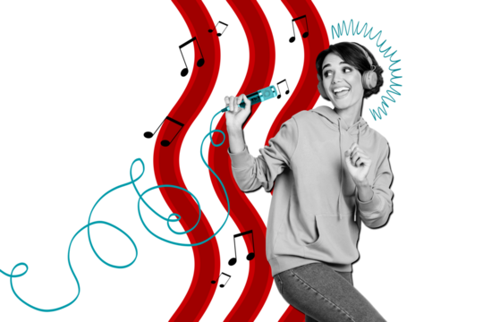 Composite collage image of funny girl dancing have fun headphones sing karaoke mic listen music bizarre unusual fantasy billboard - Powered by Adobe