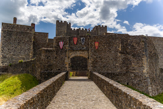 Sunny day view of the historic fortifications of Dover Castle in the English county of Kent