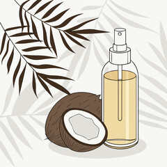 Natural coconut oil in a clear spray bottle with whole and halved coconuts and palm leaves