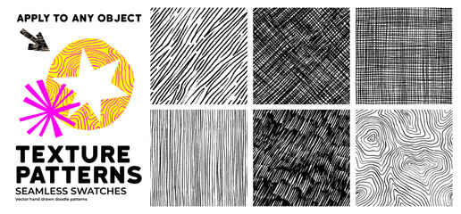 Crosshatch seamless pattern set with doodle crayon lines and hand drawn linen texture. Seamless pattern swatches. Zebra ornament, wood texture, and wavy doodles can be applied to any object.