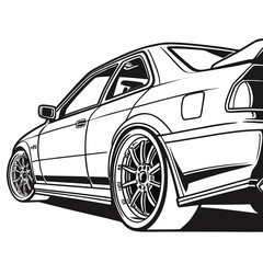 Sleek black and white line art illustration of a modified sports car with a prominent rear spoiler and custom wheels