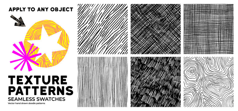 Crosshatch seamless pattern set with doodle crayon lines and hand drawn linen texture. Seamless pattern swatches. Zebra ornament, wood texture, and wavy doodles can be applied to any object.