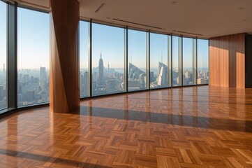 Wall-to-wall windows and triangular columns overlooking urban skyline from upscale penthouse with wooden floors
