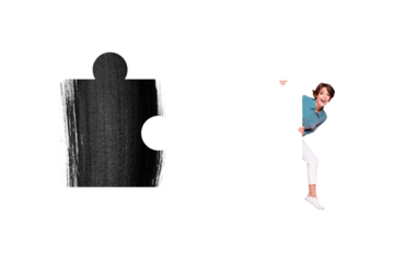 Trend artwork 3D image photo collage of huge dilemma solve jigsaw solution startup miniature young woman appear smile solve puzzle piece