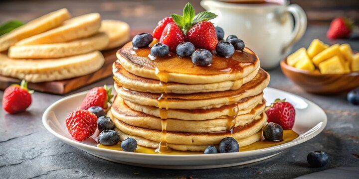 Fluffy banana protein pancakes on a plate with fresh fruit and syrup, surrounded by a warm and cozy breakfast setting ,food,  food - Powered by Adobe