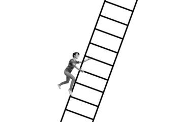 Composite photo collage of happy girl employee climb career promotion ladder development up progress isolated on painted background