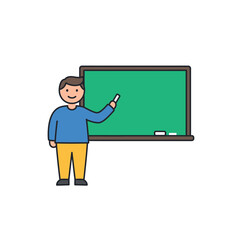 Teacher standing in front of a green chalkboard holding chalk.