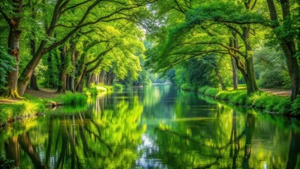Fototapeta premium Serene waterway surrounded by emerald green foliage and majestic trees reflected perfectly in the tranquil canal, creating a sense of harmony with nature , natural beauty, tranquility