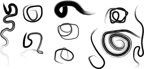 Abstract black ink brush strokes and curves on white background