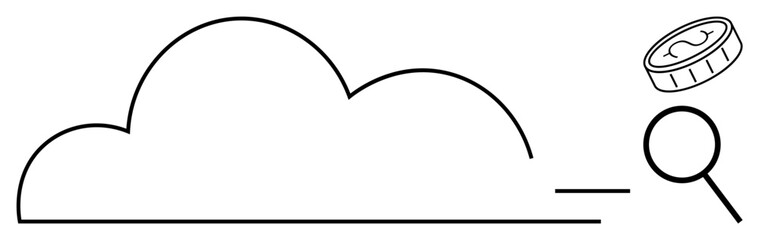 Cloud outline with magnifying glass and coin symbolizes data search, cloud storage, and value. Ideal for technology, analysis, finance, cybersecurity, innovation, cloud computing digital economy