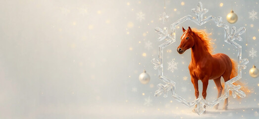 A red horse in a large decorative shining crystal snowflake on a bright New Year's background, greeting card with the symbol of the year 2026
