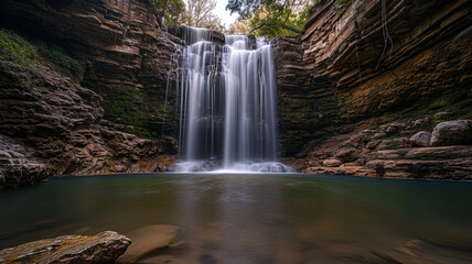 Serene Waterfall Cascading Over Lush Green Rocks
