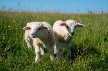 Obraz premium A pair of adorable lambs grazing in a field