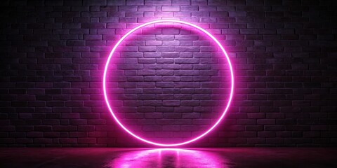 Neon circle with light effect on black background is illuminated by a soft pink glow