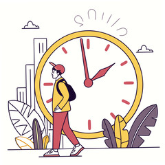 Young man with backpack walks past a large clock in a city with stylized buildings and plants