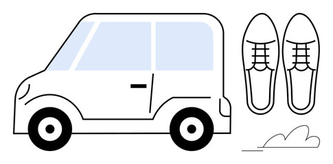 Compact car with classic lace-up shoes and a dust trail. Ideal for transportation, eco-living, urban mobility, walking, sustainability, travel choices, minimalist concepts. Simple flat metaphor