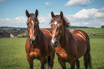 Obraz premium A pair of horses captured on a rural farm setting
