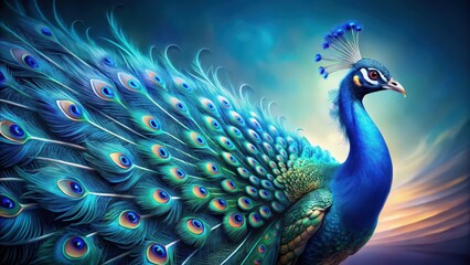 A stunning abstract peacock with vibrant blue plumage and intricate feathers against a gradient background, surreal, blue