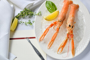 two freshly cooked scampi on ice in a white plate on the table