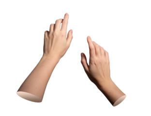 Two human hands with natural skin tone, positioned as if interacting with a touchscreen or virtual