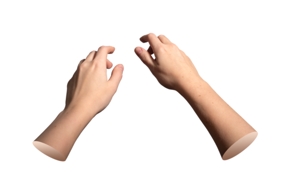 Two hands interacting with abstract virtual interface, fingers slightly extended and outstretched.