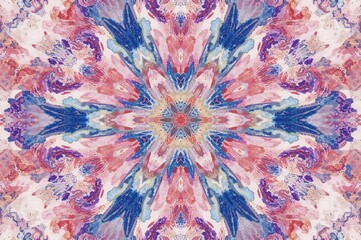 Kaleidoscope watercolor design for fabrics and art projects. Acrylic gouache geometric backdrop.
