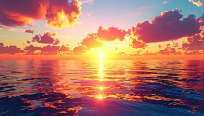 A vibrant sunset paints the tranquil ocean with fiery hues, creating a breathtaking scene of warm colors and soft waves.