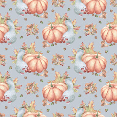 Vintage Harvest seamless pattern isolated. Watercolor print of pumpkins, forest gifts and fall leaves in muted vintage colors. Hand drawn autumn endless background for farmers market and kitchenware.