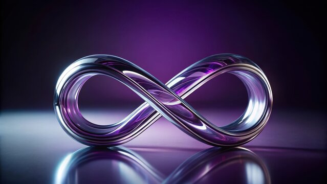Geometric infinity glass sculpture on dark purple background, minimalist, modern, minimalist, modern, futuristic, art