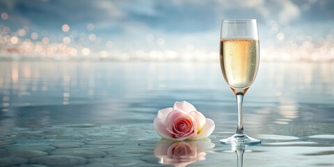 A delicate glass of bubbly champagne floating in a pool of water with a subtle rose petal at the bottom, Luxurious, Elegant