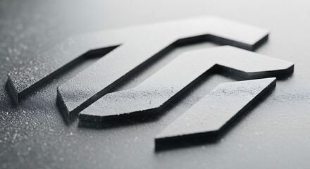 Abstract metallic logo with a textured surface and dust particles