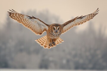 Obraz premium Siberian eagle owl with western feathering in flight
