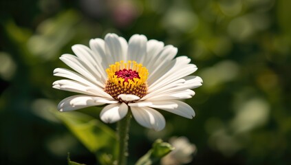 Fototapeta premium Close-up of a blooming white zinnia flower with a lush green backdrop on a sunny day