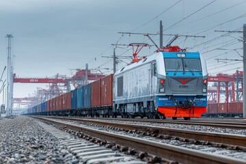 Obraz premium A freight train hauling cargo containers moves along railway tracks under a cloudy sky, showcasing industrial transportation and logistics.