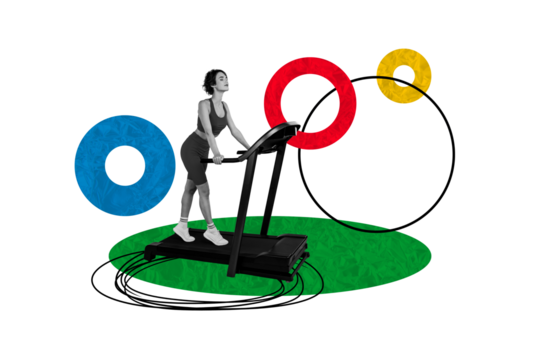 3d retro abstract creative artwork template collage of young female treadmill workout olympic games sport event concept fantasy comics zine