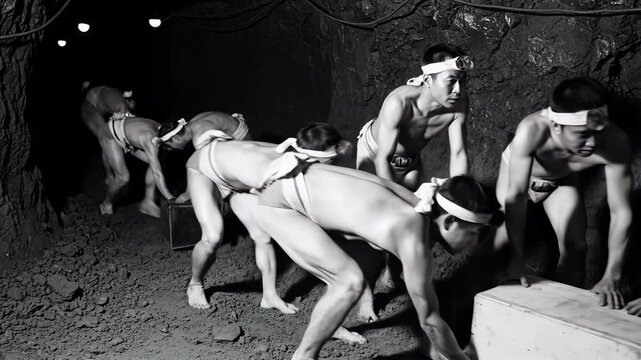 炭鉱にダイナマイトを仕掛けるふんどし姿の作業員　昭和初期