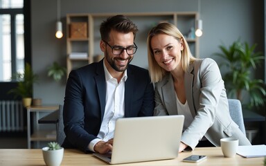 Fototapeta premium Two business people using a laptop together in an office. High quality
