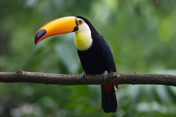 Fototapeta premium Exploring wildlife in tropical forests: Keel-billed Toucan perched on a branch