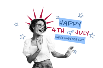 Creative abstract template collage of funny girl celebrating 4th july usa independence day fantasy billboard comics zine minimal