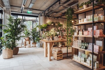 Fototapeta premium A modern store interior featuring shelves of beauty products, plants, and a welcoming atmosphere.