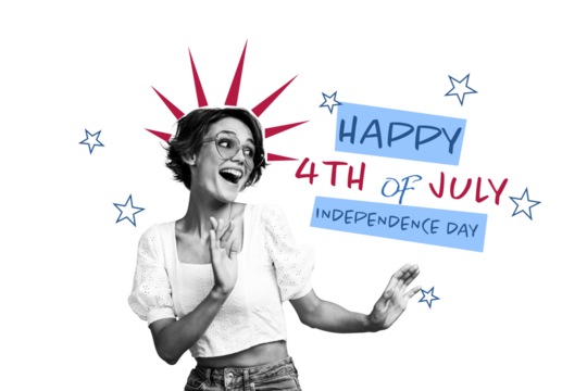 Creative abstract template collage of funny girl celebrating 4th july usa independence day fantasy billboard comics zine minimal
