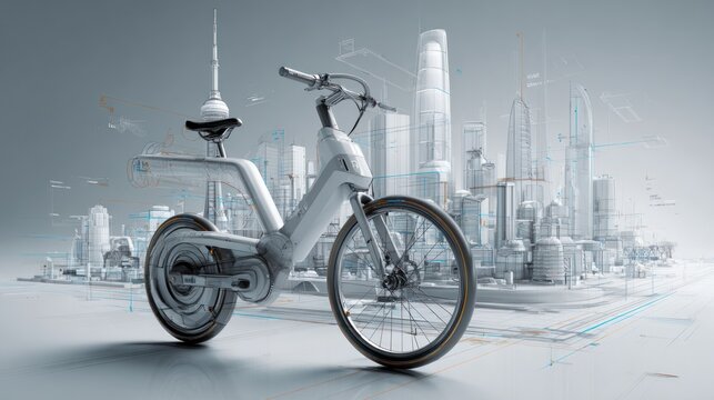 A futuristic electric bike stands prominently in a stylized cityscape, showcasing modern architecture and digital design elements.