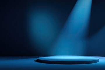 A blue spotlight illuminates a round platform against a dark, shaded backdrop